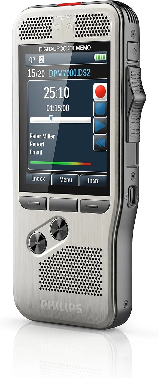 ضبط کننده صدای دیجیتال فیلیپس DPM7000 با سوئیچ کشویی، 2 میکروفون برای ضبط صدای استریو، صفحه نمایش رنگی، بدنه استیل ضد زنگ، شامل SpeechExec 10