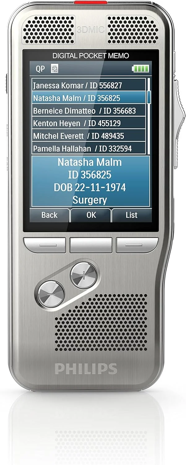 ضبط کننده صدای Philips Pocket Memo DVT8000/02 با سیستم میکروفون سه بعدی، باتری قابل شارژ و یادداشت برداری دیجیتال