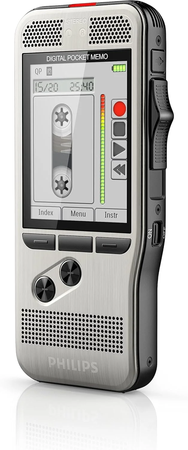 ضبط کننده صدای دیجیتال فیلیپس DPM7000 با سوئیچ کشویی، 2 میکروفون برای ضبط صدای استریو، صفحه نمایش رنگی، بدنه استیل ضد زنگ، شامل SpeechExec 10