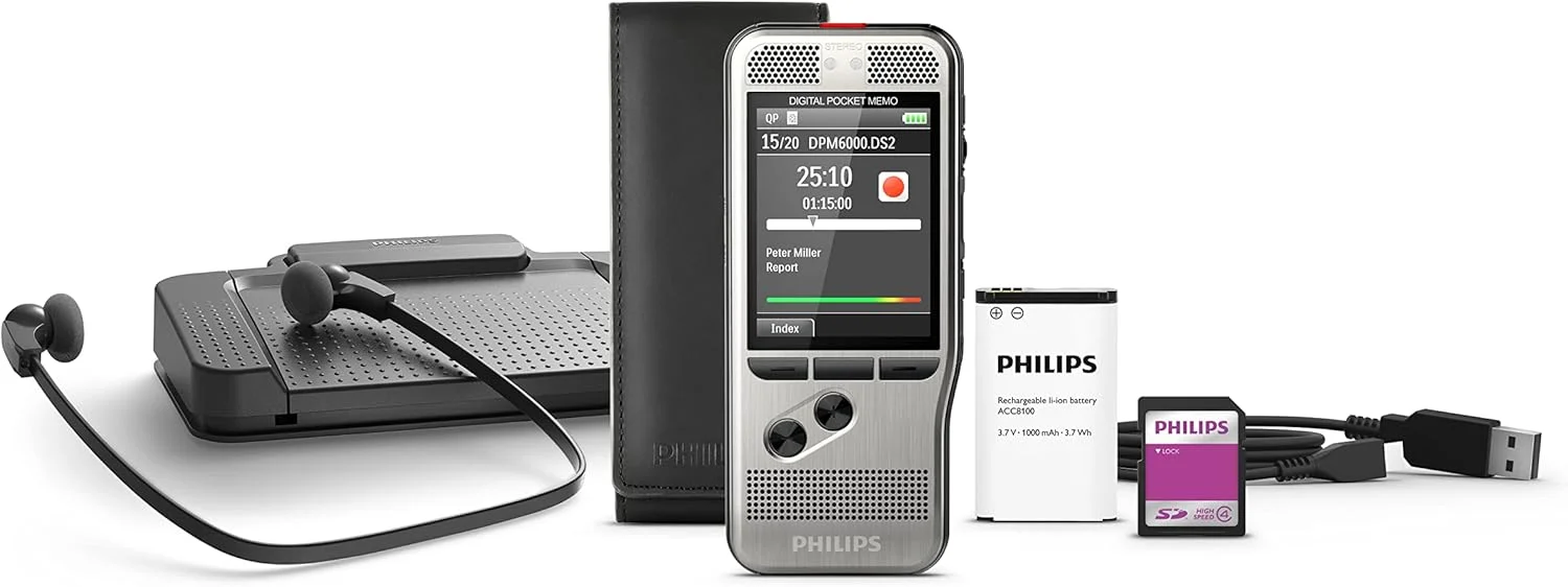 مجموعه ضبط و رونویسی Philips DPM6700/03 PocketMemo، دستگاه ضبط صدا DPM6000، پدال پایی ACC2330، هدفون استریو LFH0334 - SpeechExec Basic Dictate/Transcribe (شامل اشتراک 2 ساله)