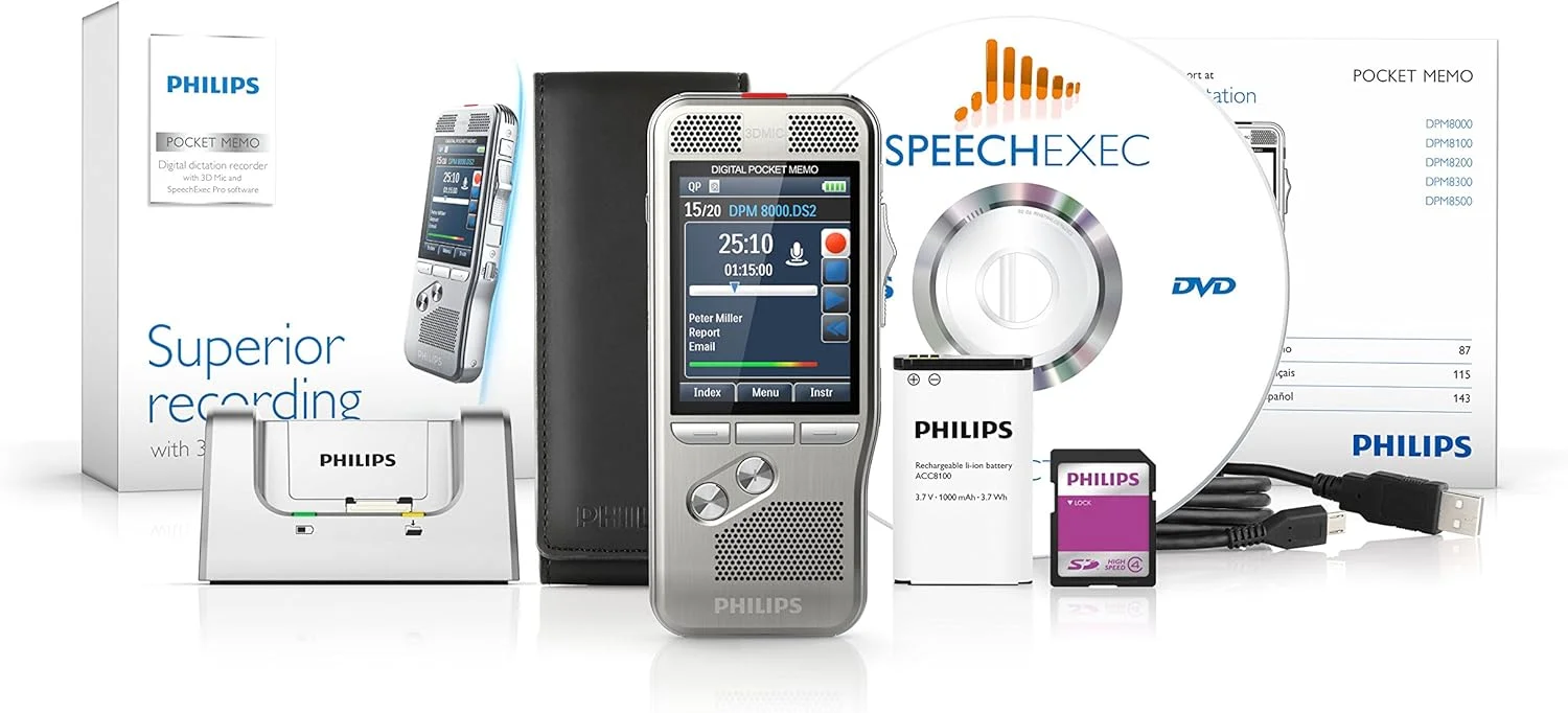 ضبط کننده صدای Philips Pocket Memo DVT8000/02 با سیستم میکروفون سه بعدی، باتری قابل شارژ و یادداشت برداری دیجیتال