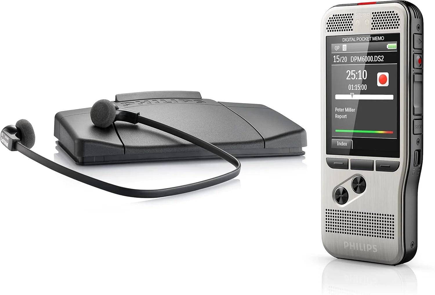 مجموعه ضبط و رونویسی Philips DPM6700/03 PocketMemo، دستگاه ضبط صدا DPM6000، پدال پایی ACC2330، هدفون استریو LFH0334 - SpeechExec Basic Dictate/Transcribe (شامل اشتراک 2 ساله)