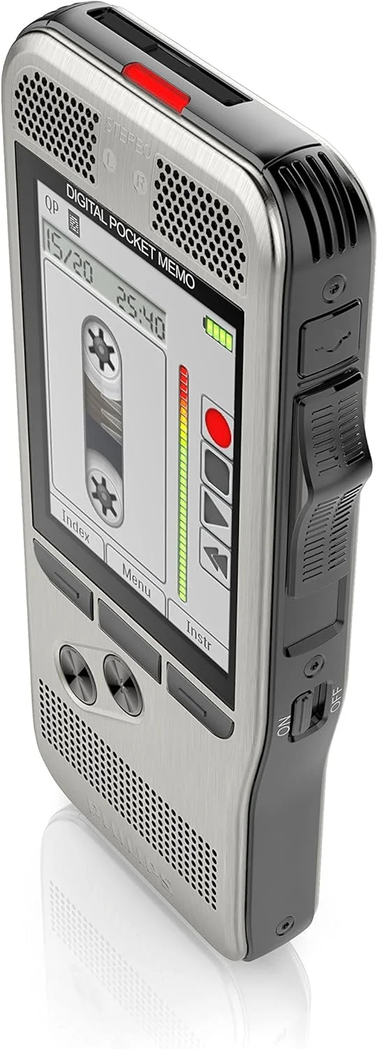 ضبط کننده صدای دیجیتال فیلیپس DPM7000 با سوئیچ کشویی، 2 میکروفون برای ضبط صدای استریو، صفحه نمایش رنگی، بدنه استیل ضد زنگ، شامل SpeechExec 10