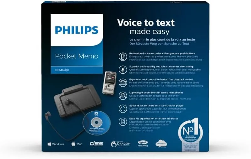 مجموعه ضبط و رونویسی Philips DPM6700/03 PocketMemo، دستگاه ضبط صدا DPM6000، پدال پایی ACC2330، هدفون استریو LFH0334 - SpeechExec Basic Dictate/Transcribe (شامل اشتراک 2 ساله)