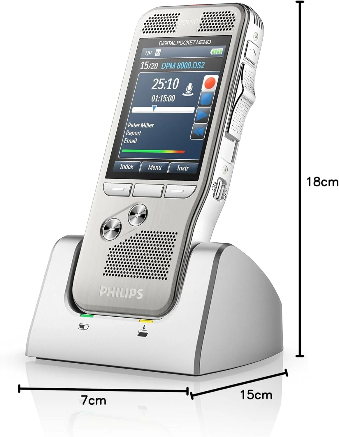 ضبط کننده صدای Philips Pocket Memo DVT8000/02 با سیستم میکروفون سه بعدی، باتری قابل شارژ و یادداشت برداری دیجیتال