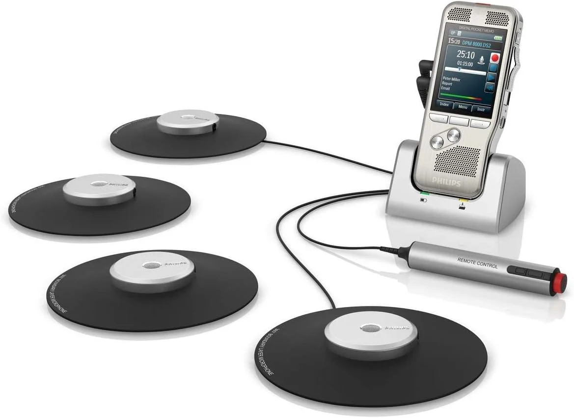 ست ضبط جلسات Philips DPM8900/02، ضبط کننده صدای دیجیتال با 4 میکروفون مرزی برای ضبط صدای 360 درجه، شامل اشتراک 2 ساله SpeechExec Basic