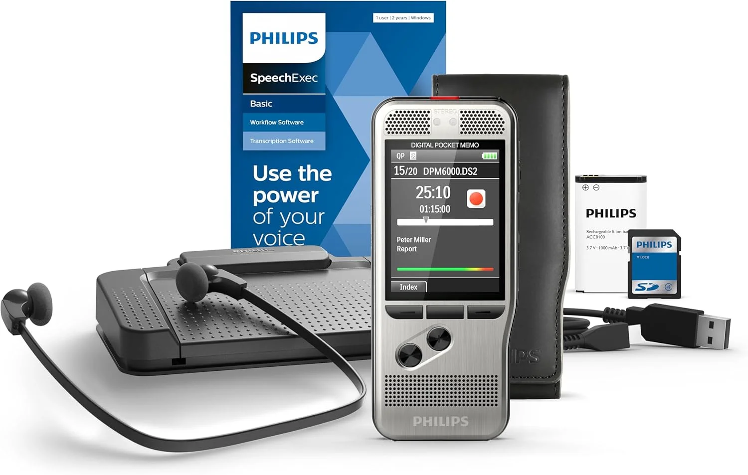 ست ضبط و رونویسی Philips PocketMemo Recorder SpeechExec Dictate Transcribe DPM7700/03 با دکمه کشویی، میکروفون دوگانه حرفه ای، پدال پایی، هدفون، باتری قابل شارژ