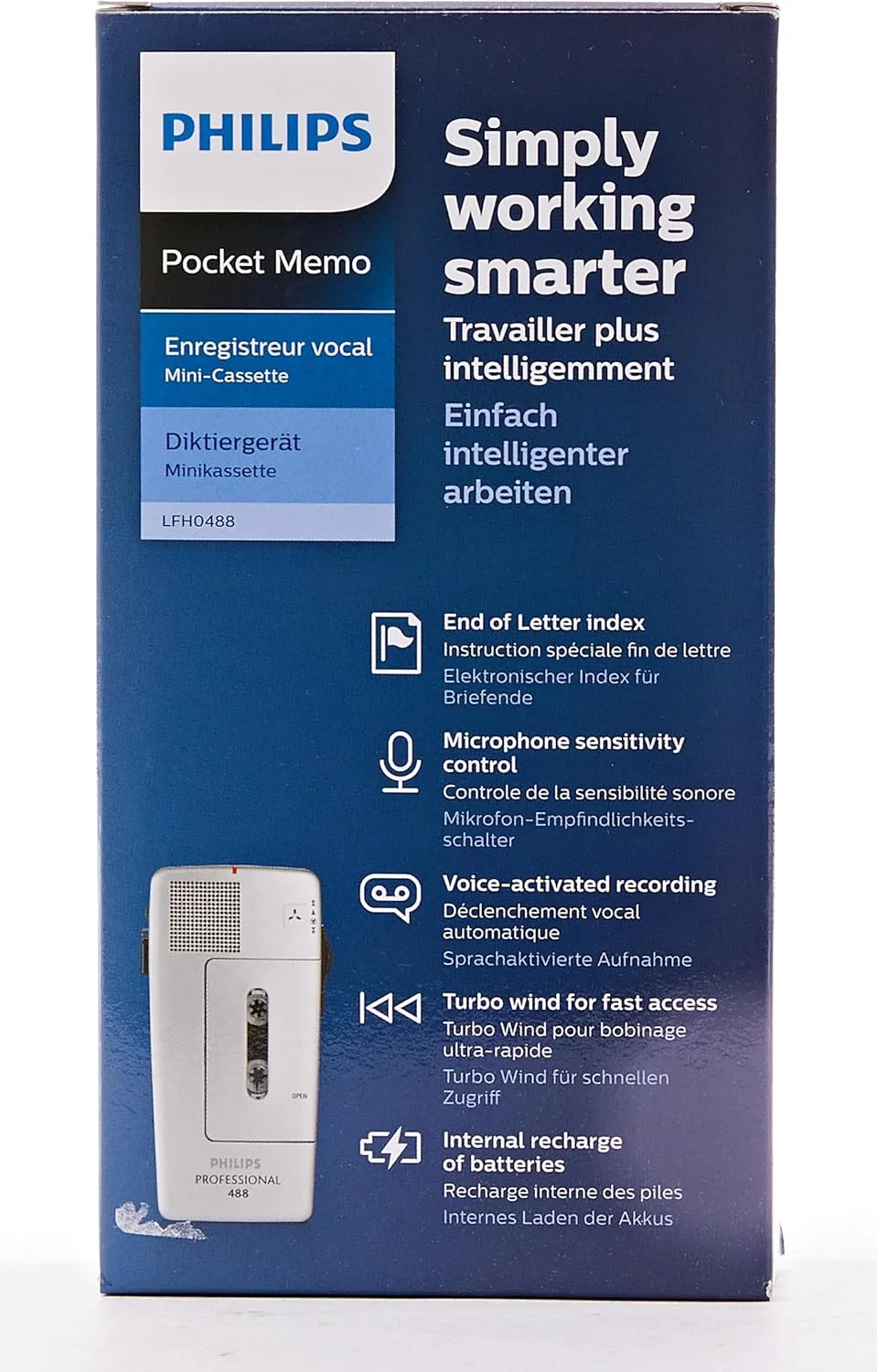ضبط کننده صدای آنالوگ Philips Pocket Memo LFH0488 با نوار کاست کوچک (کلید کشویی، حساسیت میکروفون قابل انتخاب، کنترل ضبط خودکار، فعال سازی صوتی، صدای پایان نامه) نقره ای