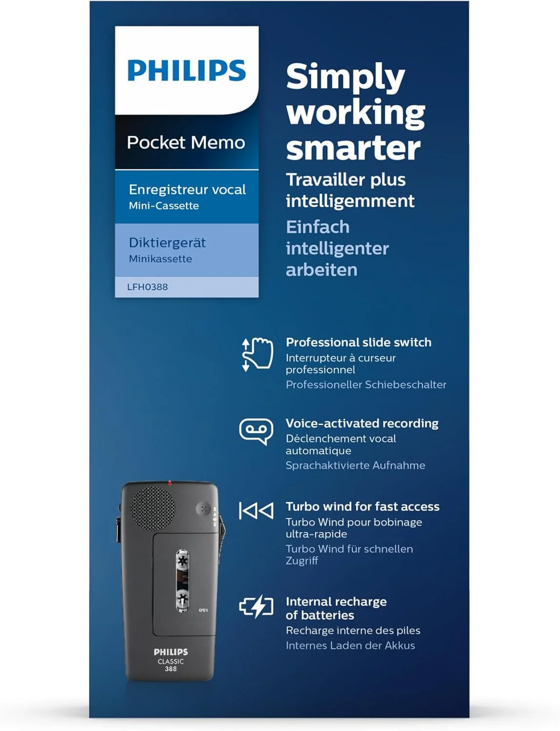 دستگاه ضبط صدا فیلیپس LFH0388 با نوار کاست کوچک آنالوگ، شامل 30 عدد نوار کاست کوچک و بند دستی - رنگ ذغالی