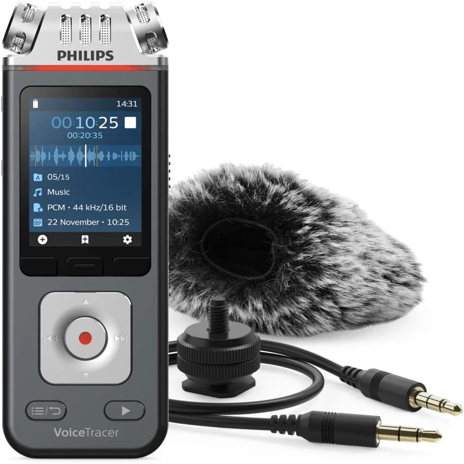 ضبط کننده صدای Philips Voicetracer با کیت فیلمبرداری DVT7110، پایه دوربین DSLR، 8 گیگابایت، برنامه تلفن هوشمند (Android/Ios)
