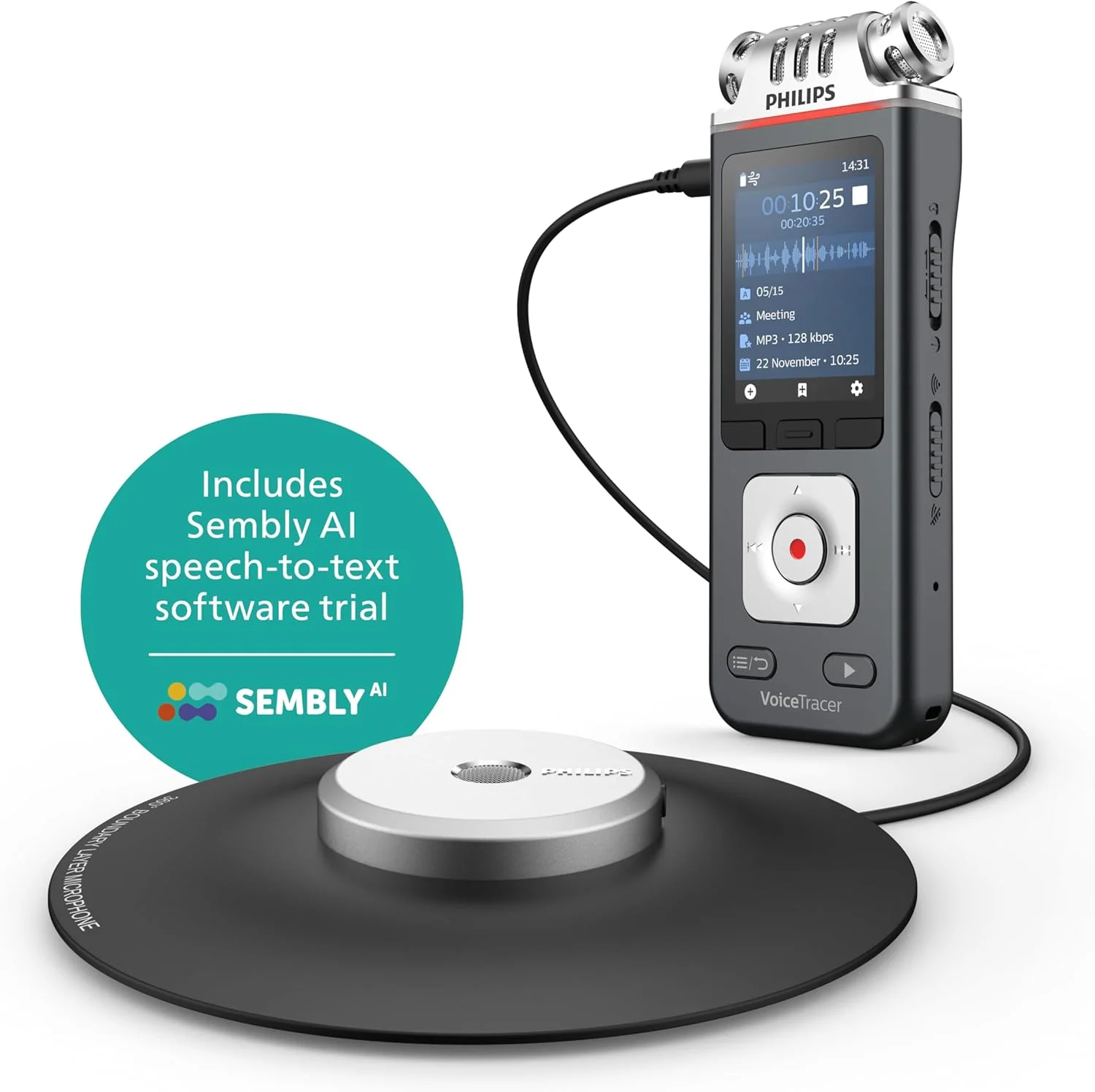 ضبط کننده صدا Philips VoiceTracer DVT8115، 8 گیگابایت، MP3 و PCM، میکروفون جلسه، ضبط جلسات فوق العاده. تشخیص گفتار چند بلندگو Sembly AI، ایجاد خلاصه ها، صورتجلسه و لیست کارها