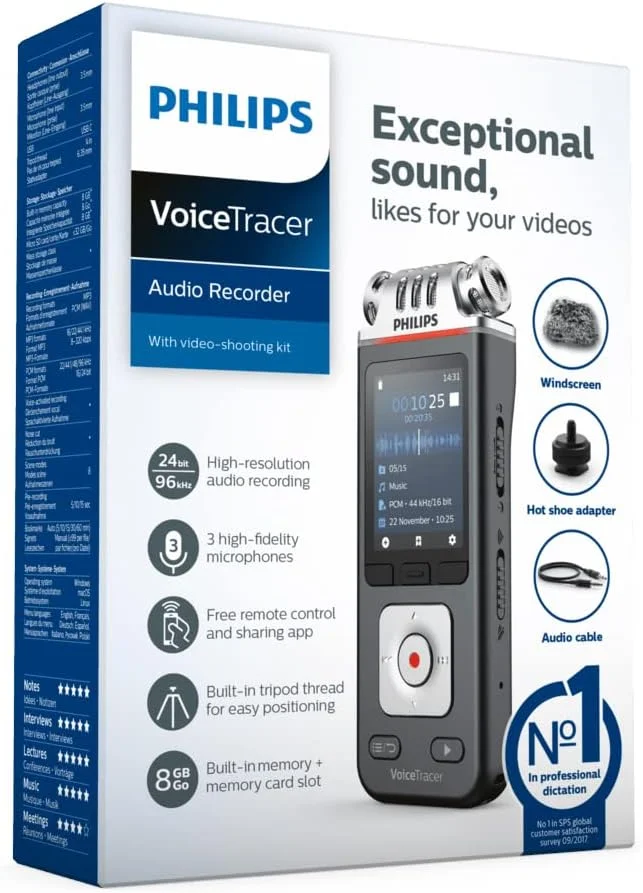 ضبط کننده صدای Philips Voicetracer با کیت فیلمبرداری DVT7110، پایه دوربین DSLR، 8 گیگابایت، برنامه تلفن هوشمند (Android/Ios)