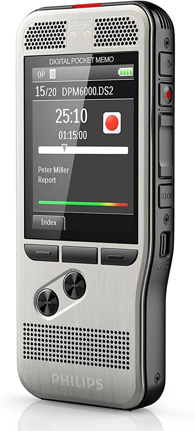 ضبط کننده صدا Philips PocketMemo SpeechExec DPM6000/02 دکمه فشاری حرفه ای میکروفون دوگانه باتری قابل شارژ صفحه نمایش رنگی