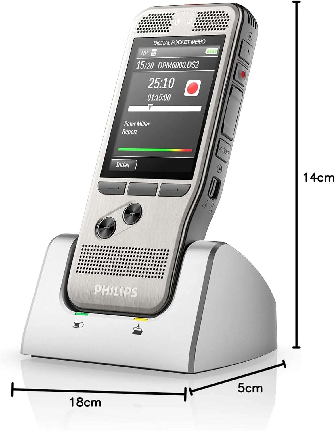 ضبط کننده صدا Philips PocketMemo SpeechExec DPM6000/02 دکمه فشاری حرفه ای میکروفون دوگانه باتری قابل شارژ صفحه نمایش رنگی ضبط کننده صدا Philips PocketMemo SpeechExec DPM6000/02 دکمه فشاری حرفه ای میکروفون دوگانه باتری قابل شارژ صفحه نمایش رنگی