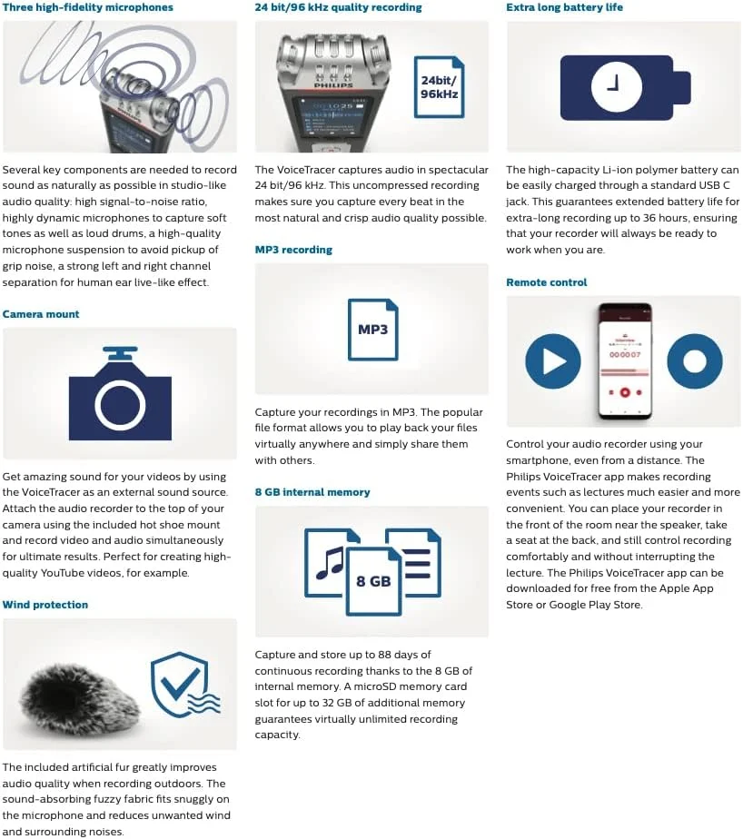 ضبط کننده صدای Philips Voicetracer با کیت فیلمبرداری DVT7110، پایه دوربین DSLR، 8 گیگابایت، برنامه تلفن هوشمند (Android/Ios)