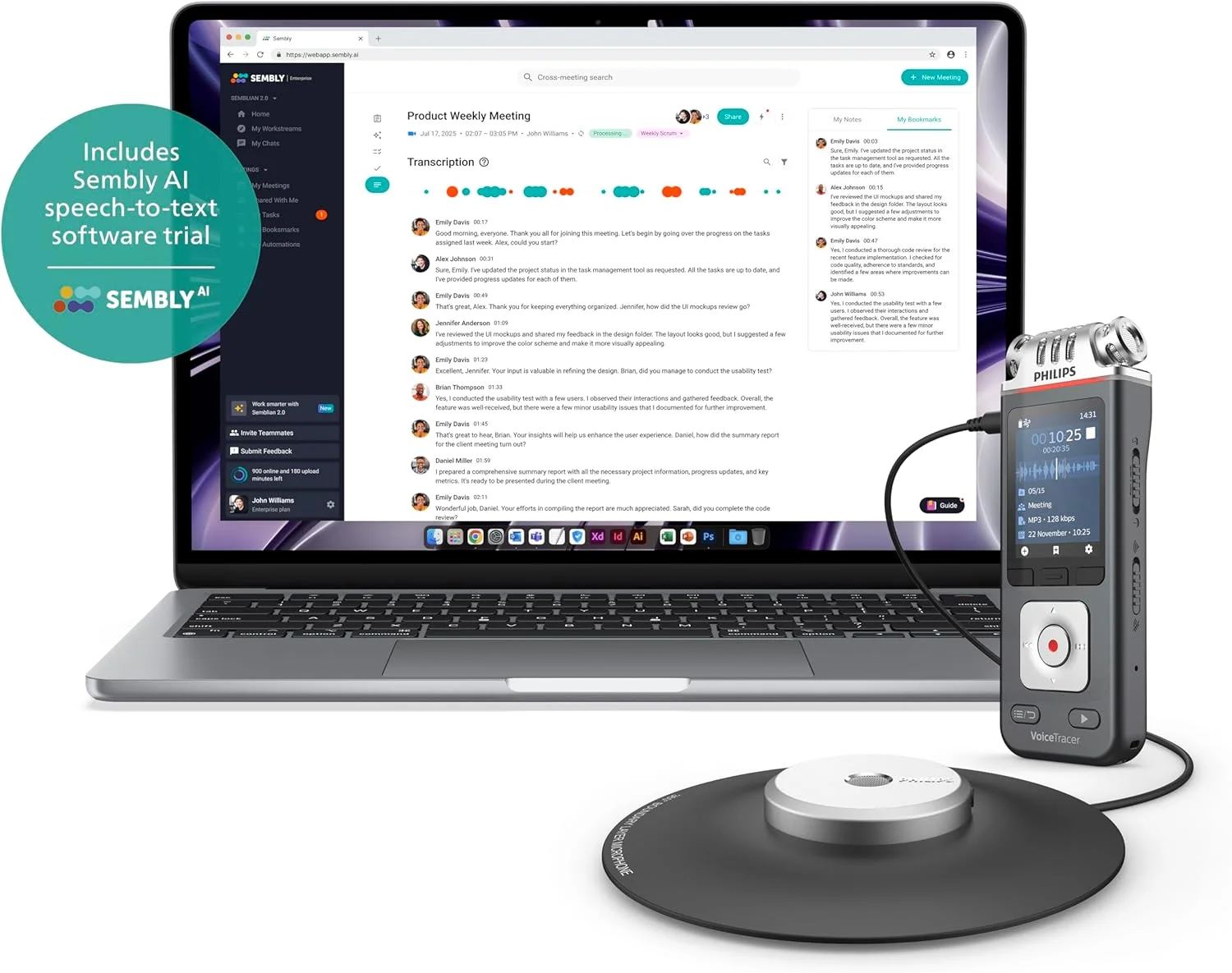 ضبط کننده صدا Philips VoiceTracer DVT8115، 8 گیگابایت، MP3 و PCM، میکروفون جلسه، ضبط جلسات فوق العاده. تشخیص گفتار چند بلندگو Sembly AI، ایجاد خلاصه ها، صورتجلسه و لیست کارها