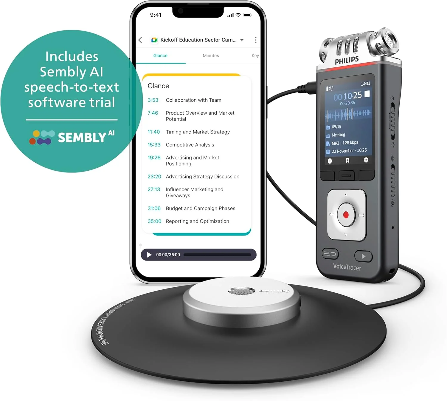 ضبط کننده صدا Philips VoiceTracer DVT8115، 8 گیگابایت، MP3 و PCM، میکروفون جلسه، ضبط جلسات فوق العاده. تشخیص گفتار چند بلندگو Sembly AI، ایجاد خلاصه ها، صورتجلسه و لیست کارها