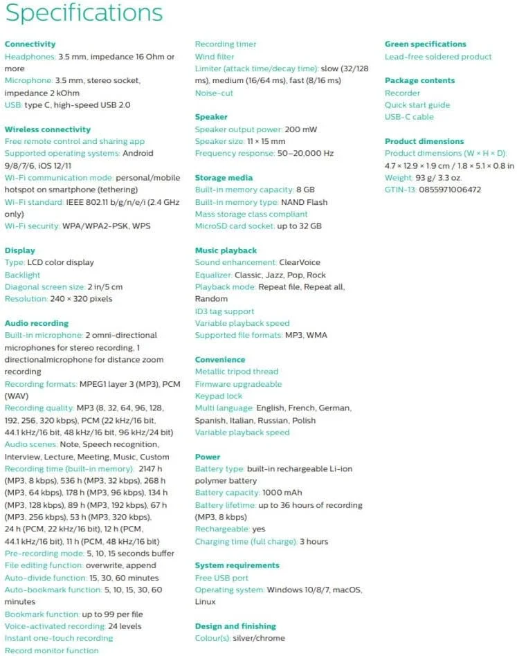 ضبط کننده صدای فیلیپس مدل Voice Tracer DVT4110/00، ضبط دیجیتال صدا، دارای سه میکروفون با کیفیت، باتری قابل شارژ و اپلیکیشن موبایل