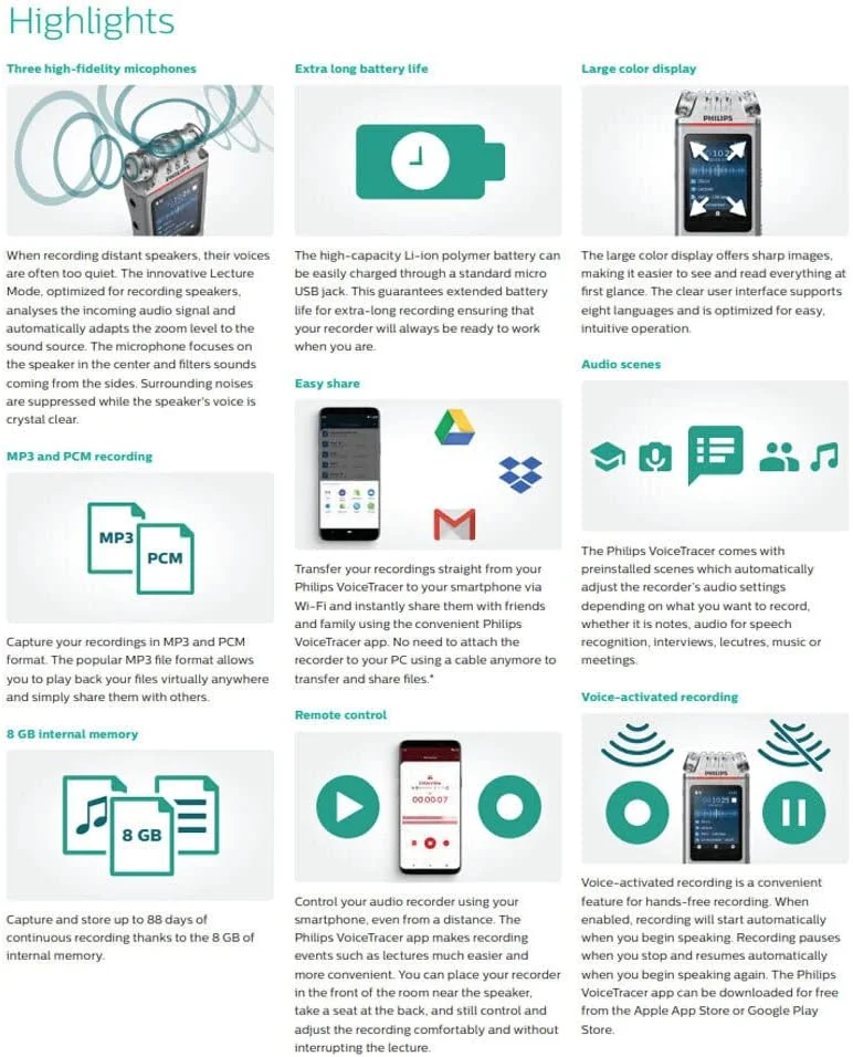 ضبط کننده صدای فیلیپس مدل Voice Tracer DVT4110/00، ضبط دیجیتال صدا، دارای سه میکروفون با کیفیت، باتری قابل شارژ و اپلیکیشن موبایل