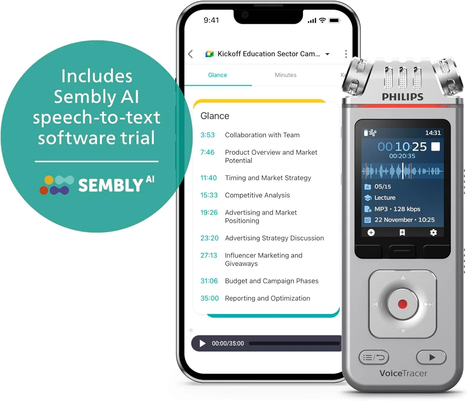 ضبط کننده صدا Philips DVT4115 VoiceTracer، ضبط کننده صدا، MP3 و PCM، 3 میکروفون HiFi، ضبط استثنایی از راه دور. مجوز آزمایشی Sembly AI: رونویسی، خلاصه های ایجاد شده توسط هوش مصنوعی، بینش های جلسه با هوش مصنوعی ضبط کننده صدا Philips DVT4115 VoiceTracer، ضبط کننده صدا، MP3 و PCM، 3 میکروفون HiFi، ضبط استثنایی از راه دور. مجوز آزمایشی Sembly AI: رونویسی، خلاصه های ایجاد شده توسط هوش مصنوعی، بینش های جلسه با هوش مصنوعی