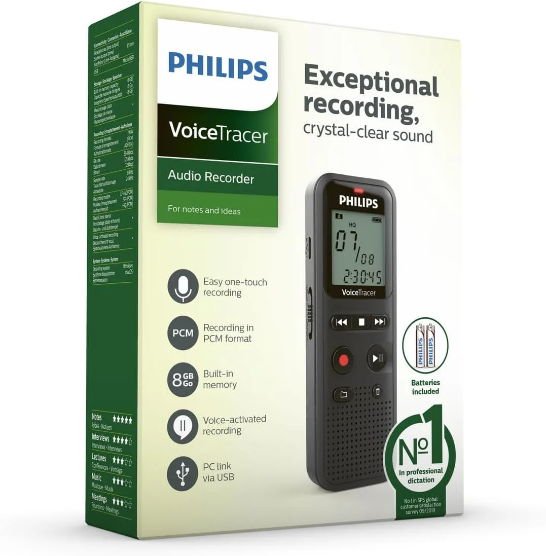 ضبط کننده صدا Philips VoiceTracer DVT1160 - عملکرد فعال سازی صدا، مونو WAV/ADPCM، 8 گیگابایت، عملکرد تک لمسی، اتصال USB به کامپیوتر، مشکی