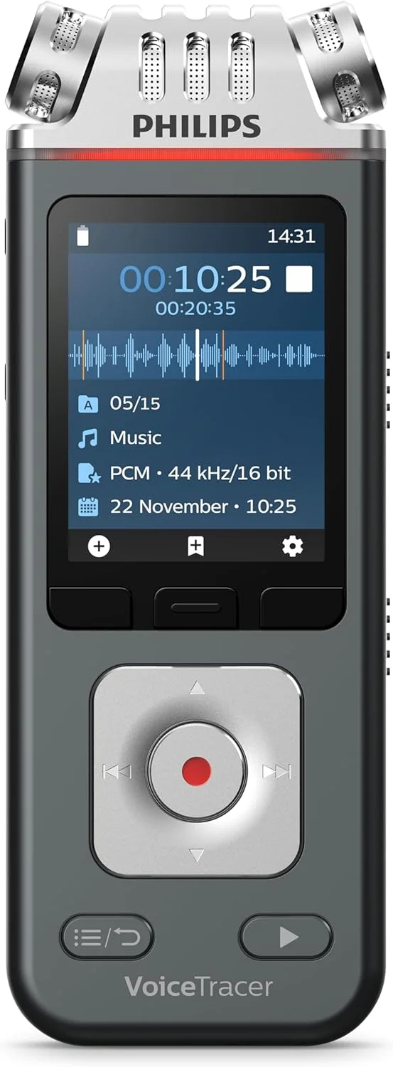 ضبط کننده صدای Philips VoiceTracer DVT6115، 8 گیگابایت، MP3، 3 میکروفون HiFi، ضبط موسیقی. تشخیص گفتار هوش مصنوعی Sembly. ایجاد خودکار صورتجلسه و لیست وظایف