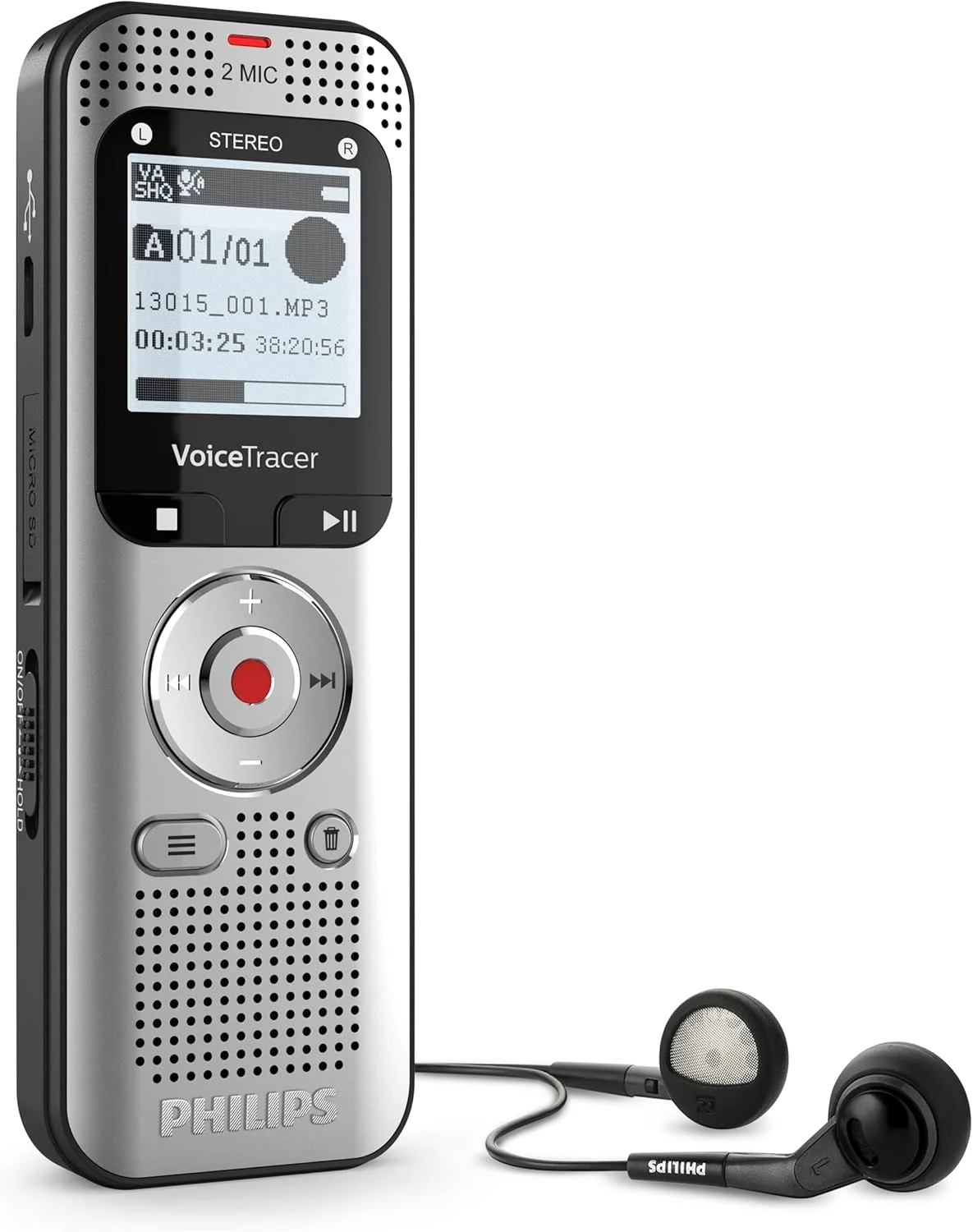 ضبط کننده صدای Philips VoiceTracer DVT2015، استریو MP3، حافظه داخلی 8 گیگابایتی، همراه با نرم افزار ابری تبدیل گفتار به متن