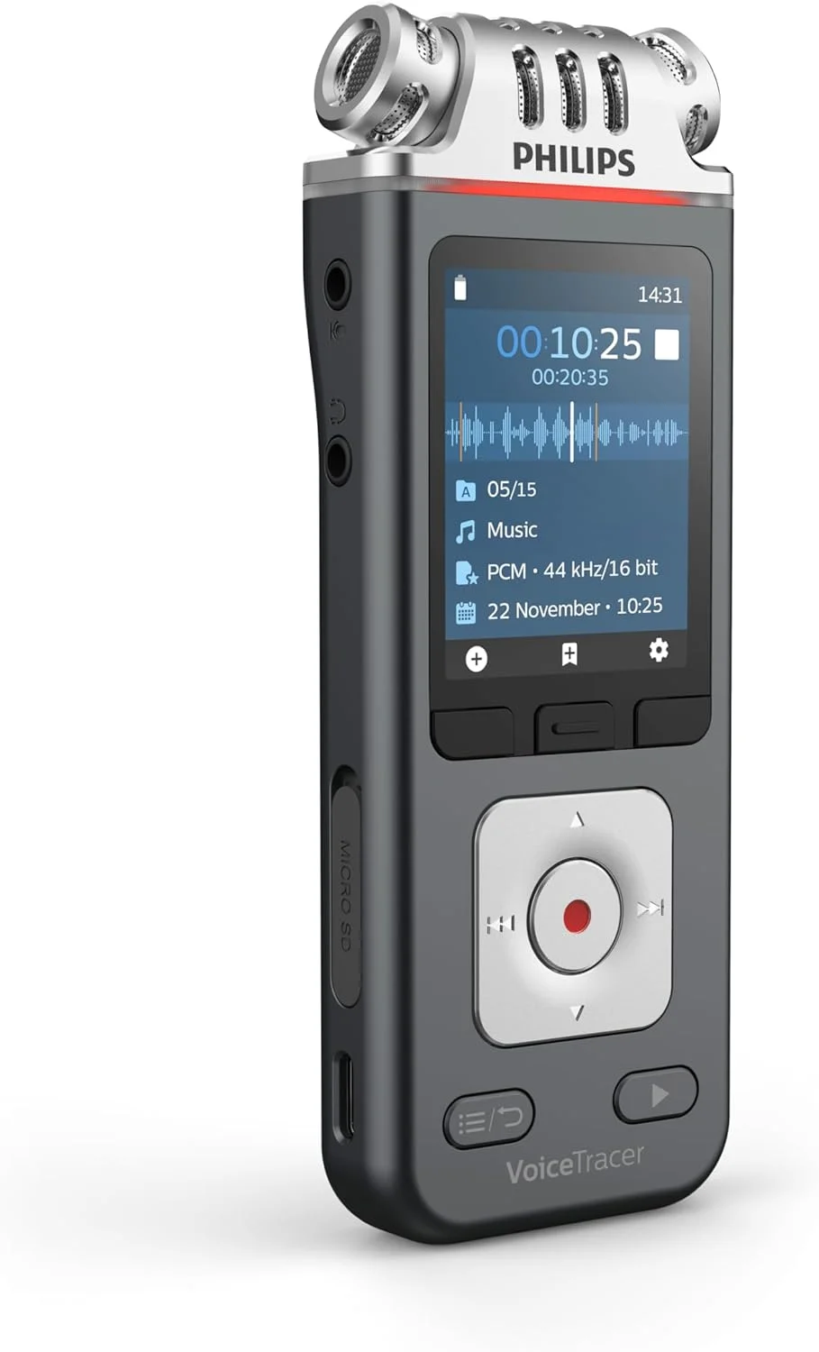 ضبط کننده صدای Philips VoiceTracer DVT6115، 8 گیگابایت، MP3، 3 میکروفون HiFi، ضبط موسیقی. تشخیص گفتار هوش مصنوعی Sembly. ایجاد خودکار صورتجلسه و لیست وظایف