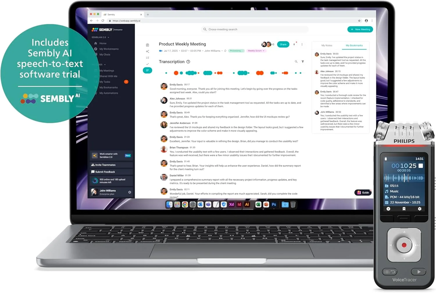 ضبط کننده صدای Philips VoiceTracer DVT6115، 8 گیگابایت، MP3، 3 میکروفون HiFi، ضبط موسیقی. تشخیص گفتار هوش مصنوعی Sembly. ایجاد خودکار صورتجلسه و لیست وظایف