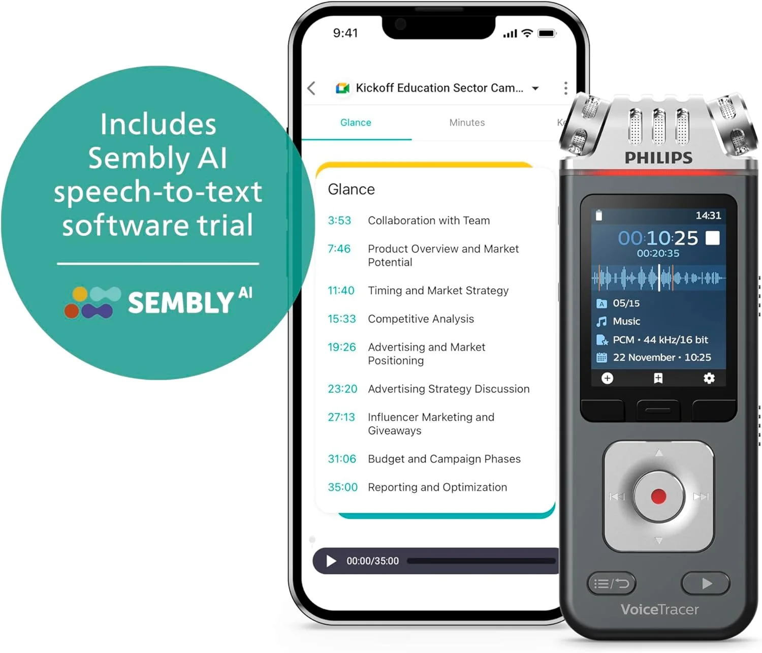 ضبط کننده صدای Philips VoiceTracer DVT6115، 8 گیگابایت، MP3، 3 میکروفون HiFi، ضبط موسیقی. تشخیص گفتار هوش مصنوعی Sembly. ایجاد خودکار صورتجلسه و لیست وظایف
