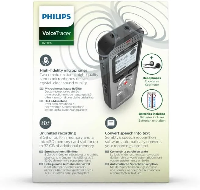 ضبط کننده صدای Philips VoiceTracer DVT2015، استریو MP3، حافظه داخلی 8 گیگابایتی، همراه با نرم افزار ابری تبدیل گفتار به متن ضبط کننده صدای Philips VoiceTracer DVT2015، استریو MP3، حافظه داخلی 8 گیگابایتی، همراه با نرم افزار ابری تبدیل گفتار به متن