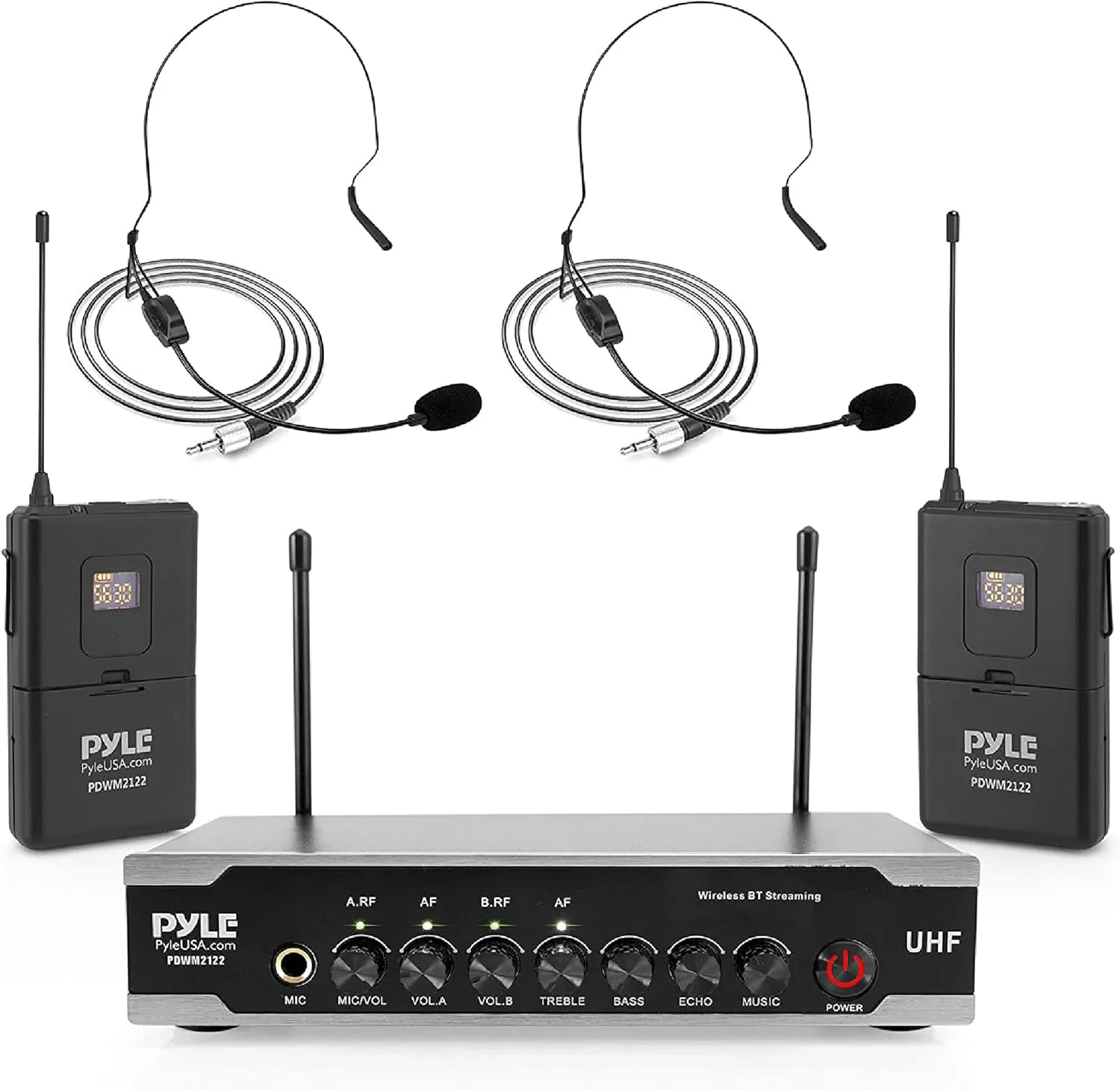 سیستم میکروفون بی سیم UHF قابل حمل - هدست بی سیم بلوتوثی میکروفون یقه ای لاوالیر با 2 فرستنده کمربندی با باتری، گیرنده، Aux، برای PA Karaoke DJ Party - Pyle PDWM2122