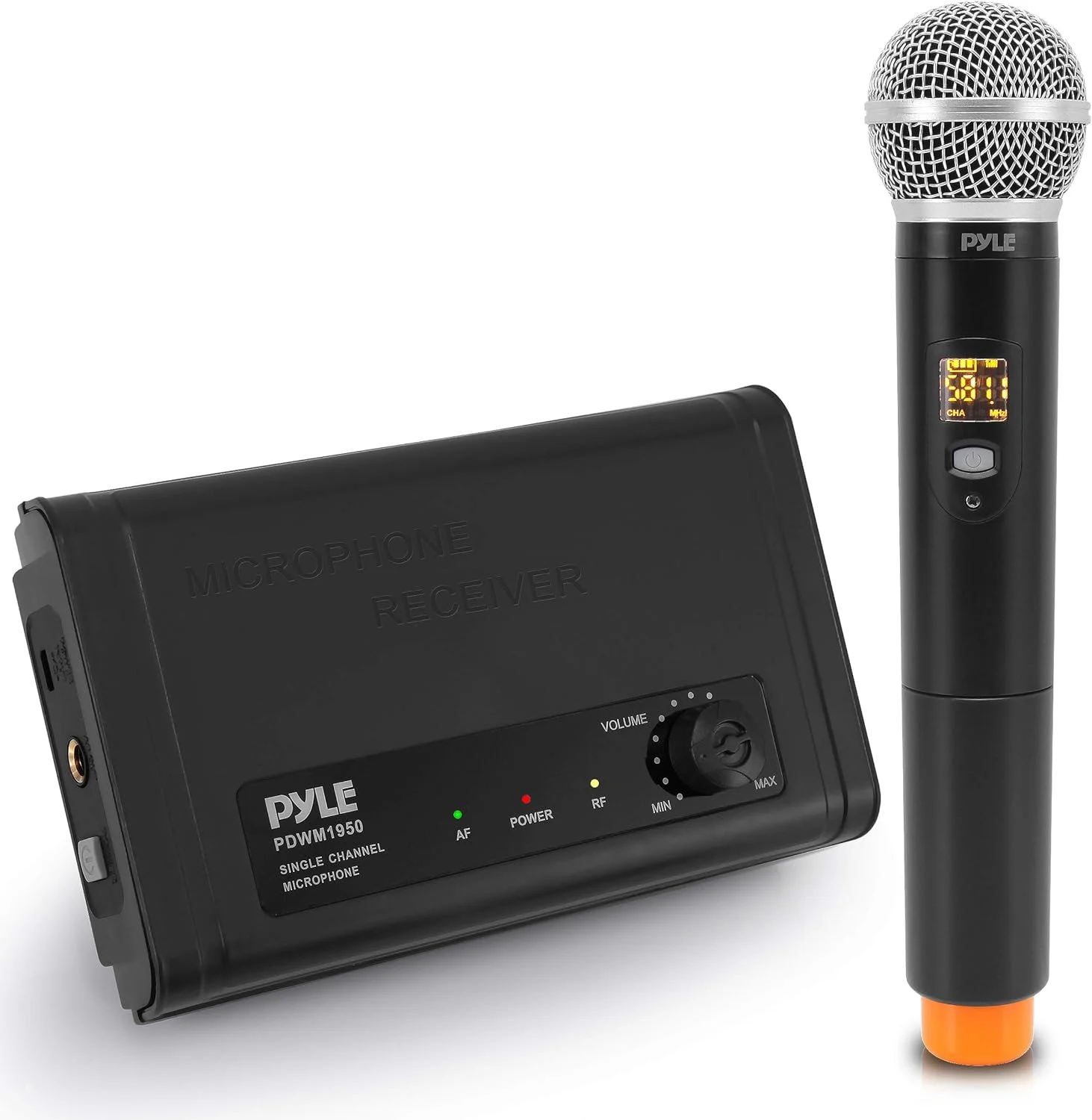 سیستم میکروفون بی سیم UHF جمع و جور PYLE - ست گیرنده میکروفون دیجیتال تک کاناله رومیزی قابل حمل حرفه ای با 1 میکروفون دستی، پایه گیرنده، کابل USB، باتری، برای خانه، PA، کارائوکه، DJ مدل PDWM1950