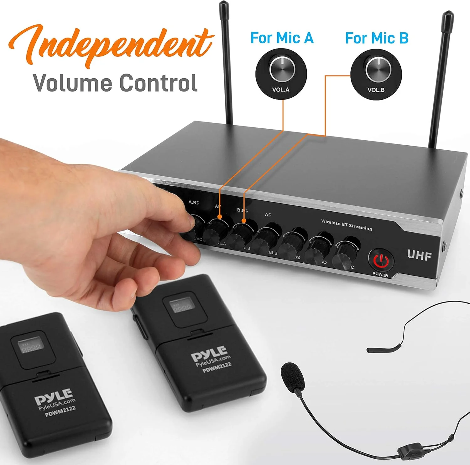 سیستم میکروفون بی سیم UHF قابل حمل - هدست بی سیم بلوتوثی میکروفون یقه ای لاوالیر با 2 فرستنده کمربندی با باتری، گیرنده، Aux، برای PA Karaoke DJ Party - Pyle PDWM2122 سیستم میکروفون بی سیم UHF قابل حمل - هدست بی سیم بلوتوثی میکروفون یقه ای لاوالیر با 2 فرستنده کمربندی با باتری، گیرنده، Aux، برای PA Karaoke DJ Party - Pyle PDWM2122