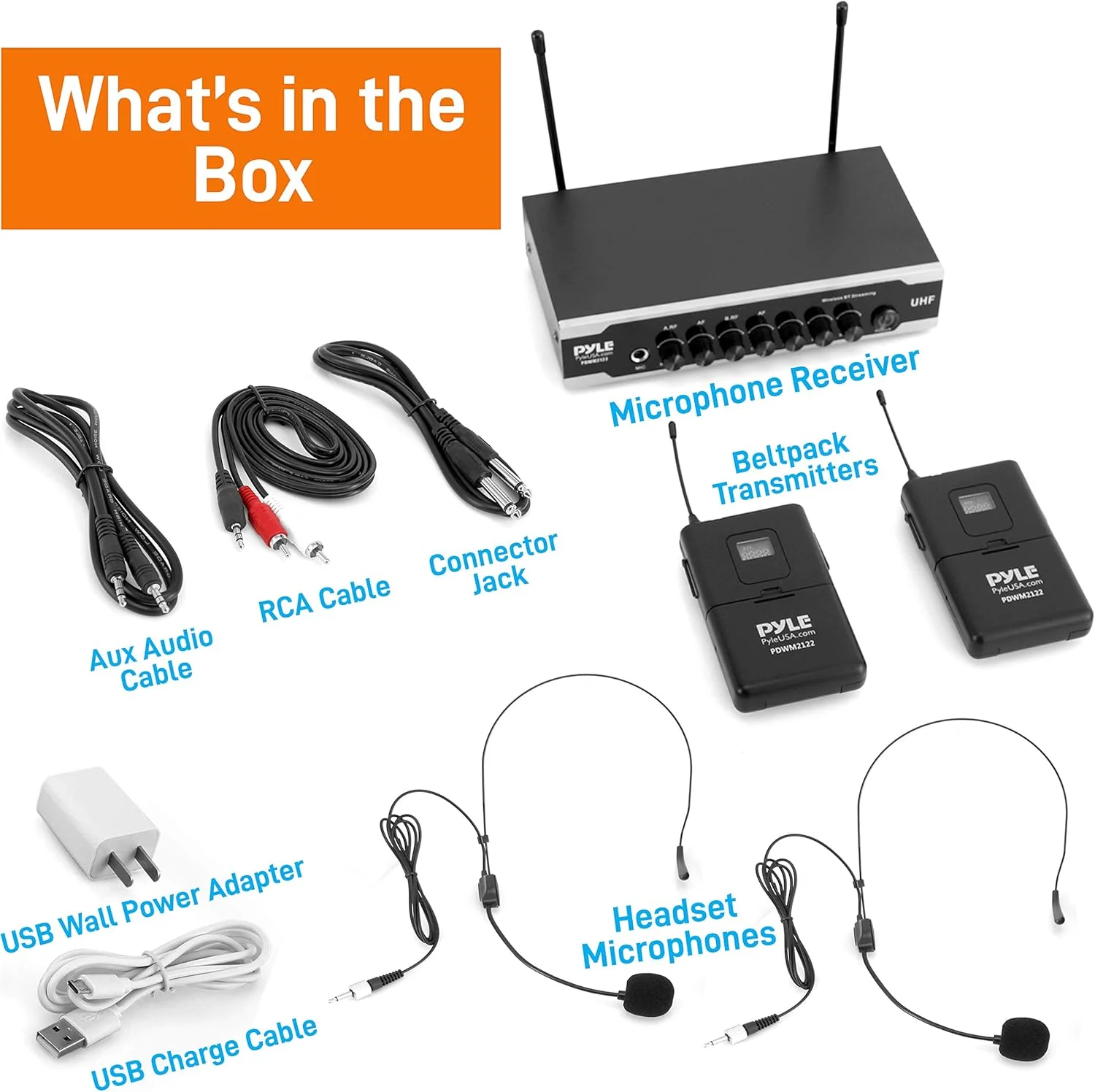 سیستم میکروفون بی سیم UHF قابل حمل - هدست بی سیم بلوتوثی میکروفون یقه ای لاوالیر با 2 فرستنده کمربندی با باتری، گیرنده، Aux، برای PA Karaoke DJ Party - Pyle PDWM2122 سیستم میکروفون بی سیم UHF قابل حمل - هدست بی سیم بلوتوثی میکروفون یقه ای لاوالیر با 2 فرستنده کمربندی با باتری، گیرنده، Aux، برای PA Karaoke DJ Party - Pyle PDWM2122