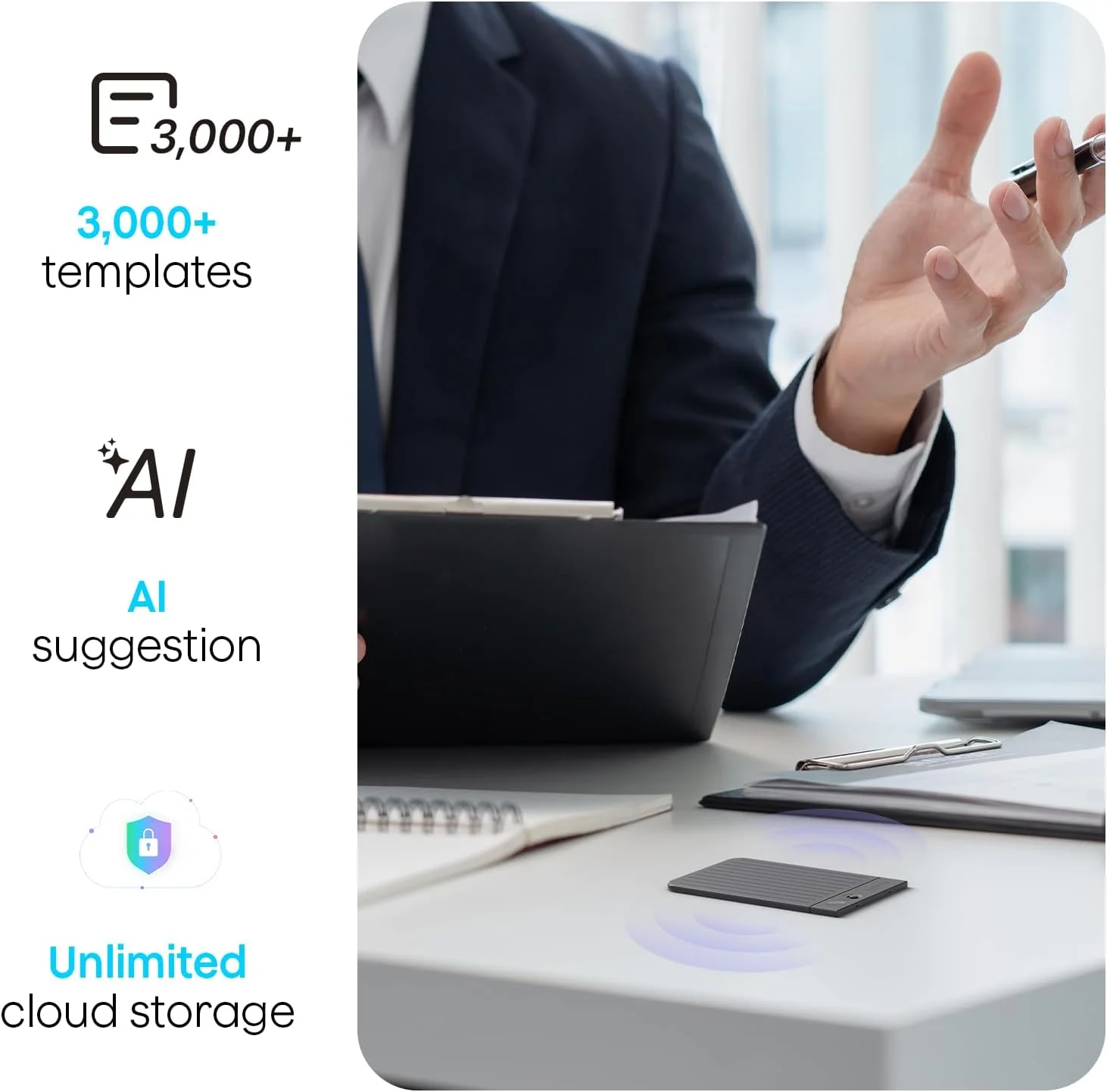 دستگاه ضبط صدای هوش مصنوعی PLAUD Note مشکی با کیف مشکی، کنترل از طریق اپلیکیشن، رونویسی و خلاصه سازی با فناوری هوش مصنوعی، پشتیبانی از 112 زبان، حافظه 64 گیگابایتی، ضبط کننده صدا برای سخنرانی ها، جلسات، تماس ها