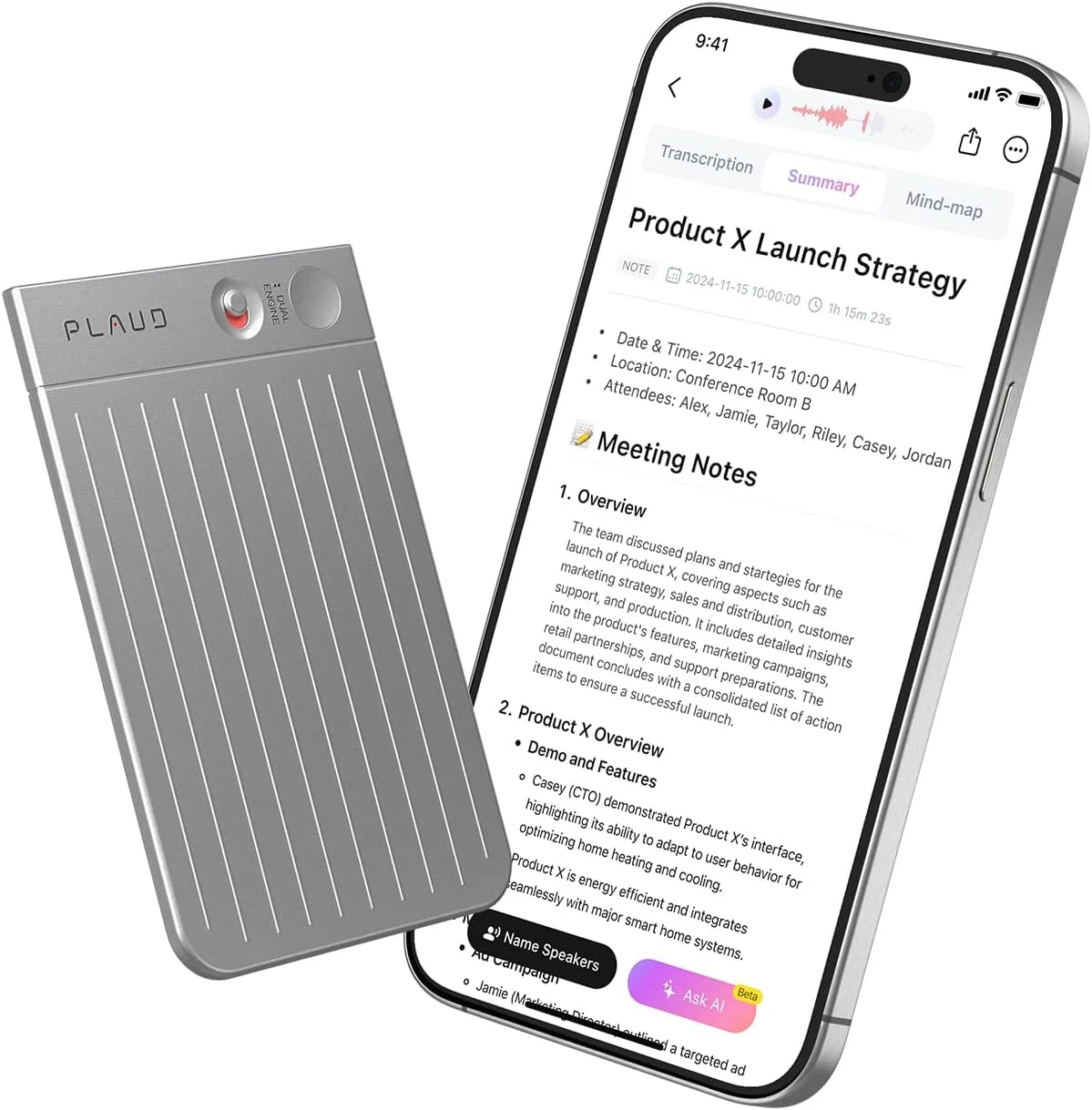 دستگاه ضبط صدای هوش مصنوعی Plaud Note مشکی با کیف مشکی، کنترل برنامه، رونویسی و خلاصه سازی با فناوری هوش مصنوعی، پشتیبانی از 112 زبان، حافظه 64 گیگابایتی، ضبط کننده صدا برای سخنرانی ها، جلسات، تماس ها