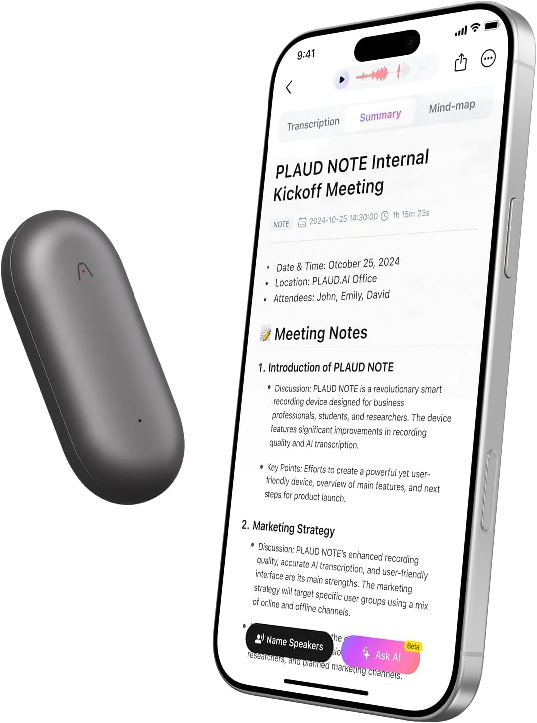 ضبط کننده صدای هوش مصنوعی، ضبط کننده صدای PLAUD NotePIN، کنترل برنامه، رونویسی و خلاصه سازی با پشتیبانی از ChatGPT، پشتیبانی از 59 زبان، حافظه 64 گیگابایتی، خاکستری