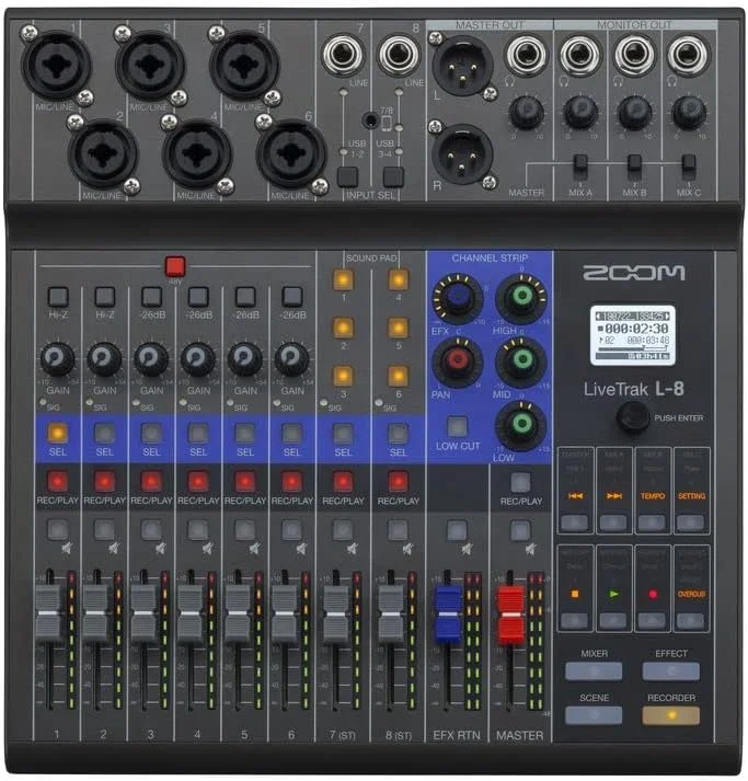 زوم - L-8 LIVETRACK - میکسر 8 کاناله - 4 میکس هدفون جداگانه، پدهای جینگل، ضبط کننده چند مسیره و رابط صوتی