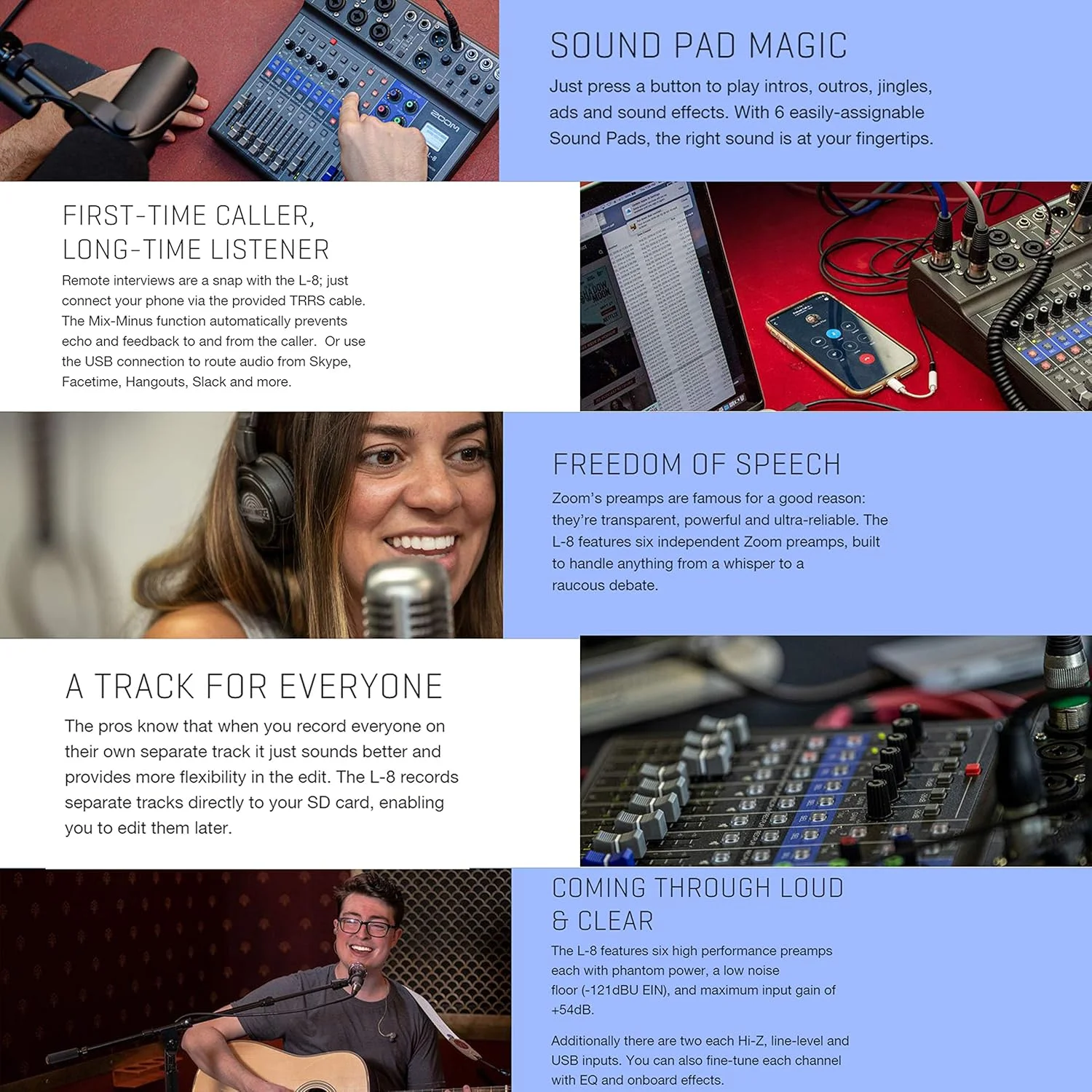 میکسر دیجیتال و ضبط کننده چند مسیره 8 کاناله قابل حمل Zoom LiveTrak L-8 + 4 عدد میکروفون Zoom ZDM-1 به همراه هدفون، بادگیر و پایه + پارچه تمیز کننده - بسته پادکست 4 نفره میکسر دیجیتال و ضبط کننده چند مسیره 8 کاناله قابل حمل Zoom LiveTrak L-8 + 4 عدد میکروفون Zoom ZDM-1 به همراه هدفون، بادگیر و پایه + پارچه تمیز کننده - بسته پادکست 4 نفره