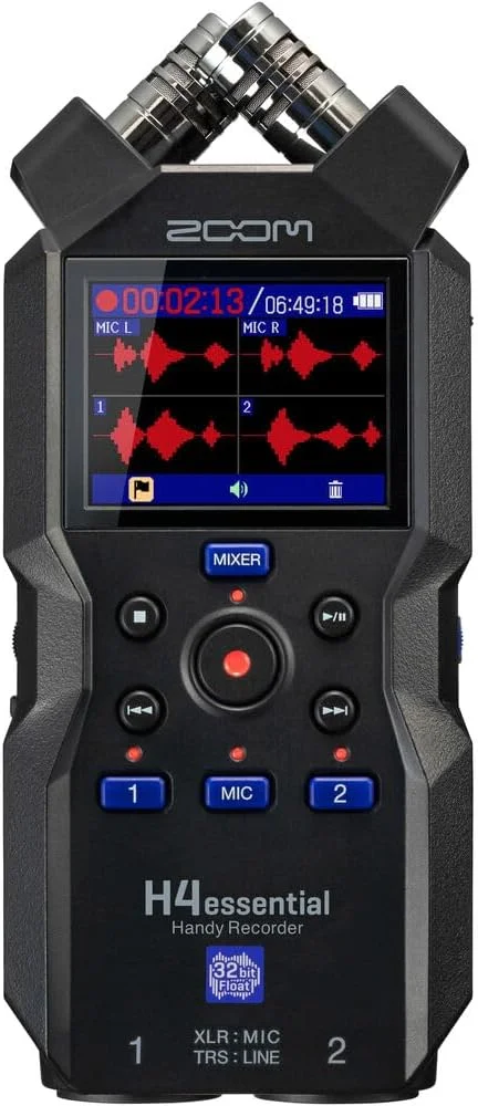 ضبط کننده صدای پرتابل زوم H4essential با 4 تراک، 32 بیت شناور، گزینه دسترسی، میکروفون های استریو، 2 ورودی کمبو XLR/TRS، رابط USB، برای نوازندگان، پادکسترها به همراه لوازم جانبی
