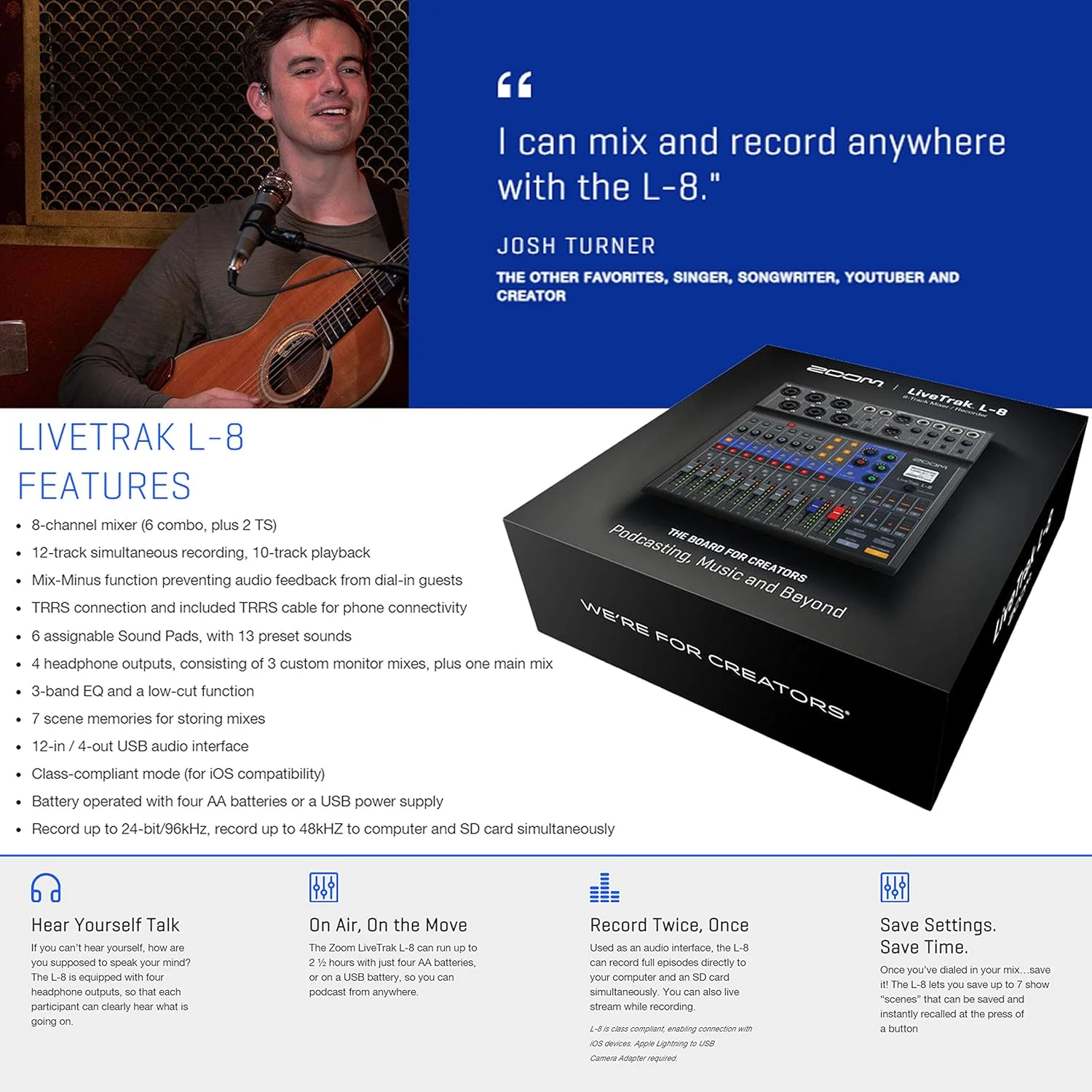 میکسر دیجیتال و ضبط کننده چند مسیره 8 کاناله قابل حمل Zoom LiveTrak L-8 + 4 عدد میکروفون Zoom ZDM-1 به همراه هدفون، بادگیر و پایه + پارچه تمیز کننده - بسته پادکست 4 نفره میکسر دیجیتال و ضبط کننده چند مسیره 8 کاناله قابل حمل Zoom LiveTrak L-8 + 4 عدد میکروفون Zoom ZDM-1 به همراه هدفون، بادگیر و پایه + پارچه تمیز کننده - بسته پادکست 4 نفره