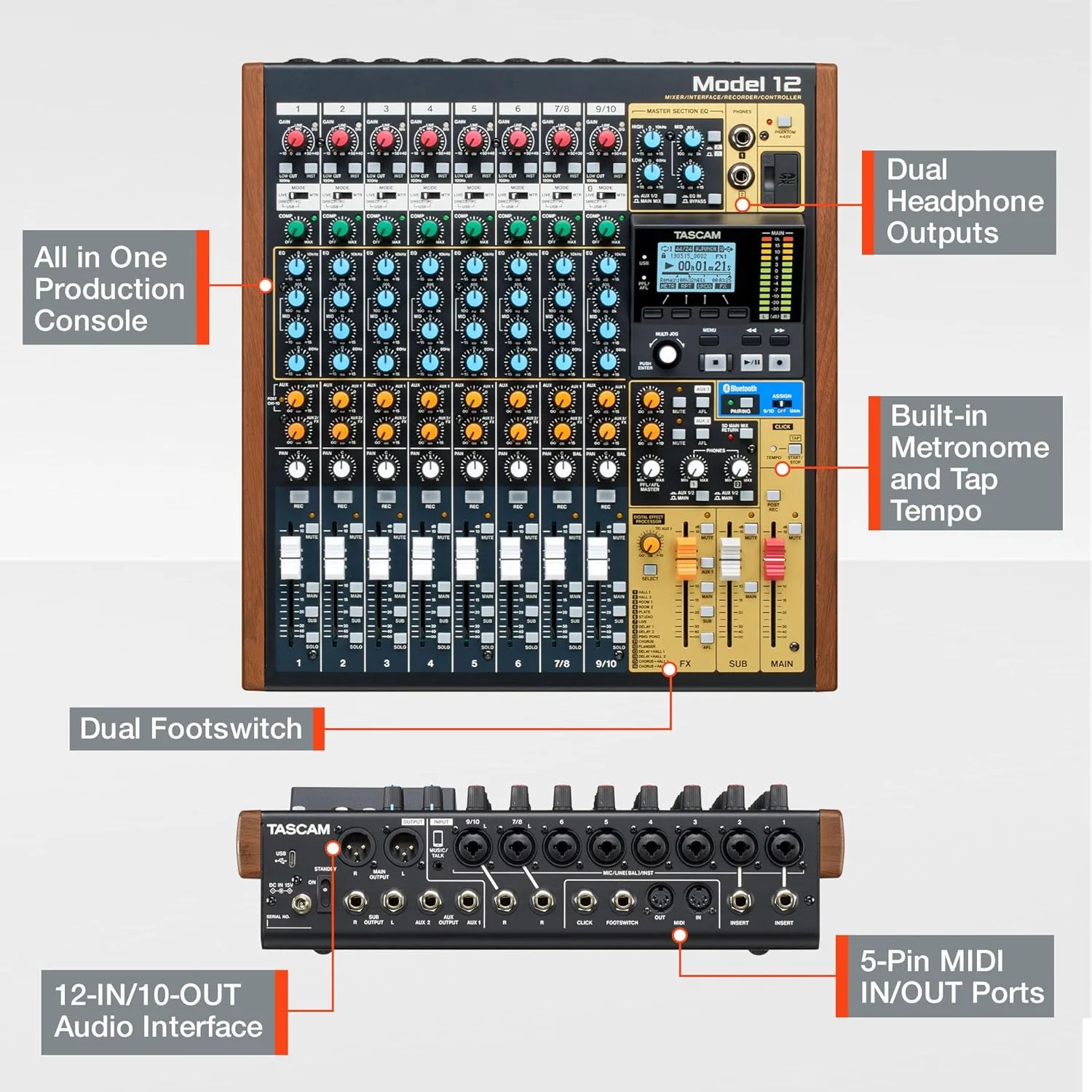 استودیوی ضبط، میکسر، کارت صدای USB و کنترلر DAW دیجیتال 12 تراکه Tascam Model 12 استودیوی ضبط، میکسر، کارت صدای USB و کنترلر DAW دیجیتال 12 تراکه Tascam Model 12