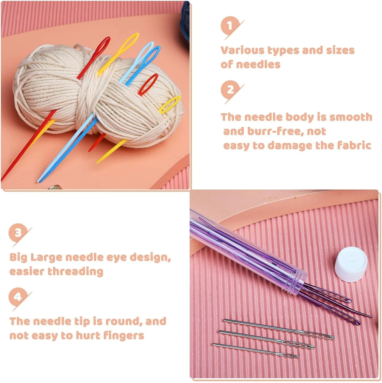 مجموعه سوزن‌های خیاطی پلاستیکی چشم‌بزرگ Tazweeq شامل 150 عدد، سوزن‌های ملیله‌دوزی خمیده، سوزن‌های ضخیم چشم‌بزرگ، سوزن‌های نخ‌بافی برای بافتنی و قلاب‌بافی، به همراه جعبه نگهداری