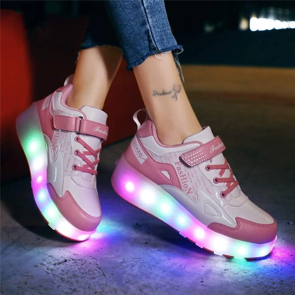 کفش اسکیت بچگانه چراغ دار با چرخ های دوتایی، کفش ورزشی اسکیت بورد، کفش های غلتکی آموزشی در فضای باز برای پسران و دختران