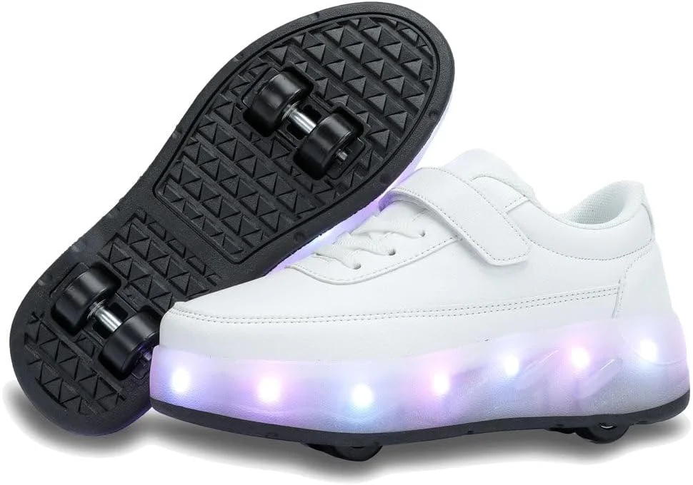 کفش اسکیت غلتکی HUSKSWARE پسرانه دخترانه با 4 چرخ، کفش اسکیت بردی، کفش جوانان قابل تنظیم با چرخ، مشکی سفید 28-40 EU