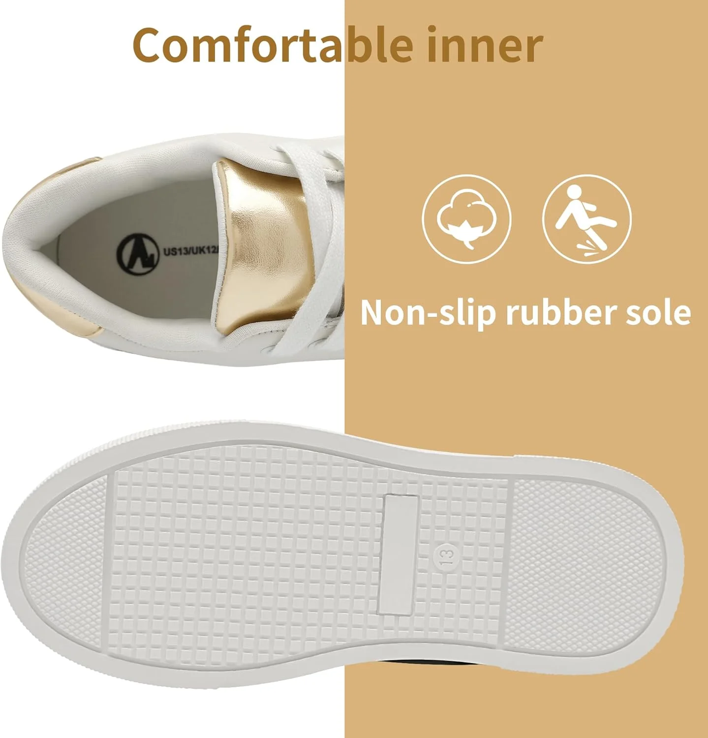 کفش ورزشی دخترانه HOMEHOT، بند دار، سفید طلایی، زیره ضخیم، مناسب کودکان کوچک و بزرگ