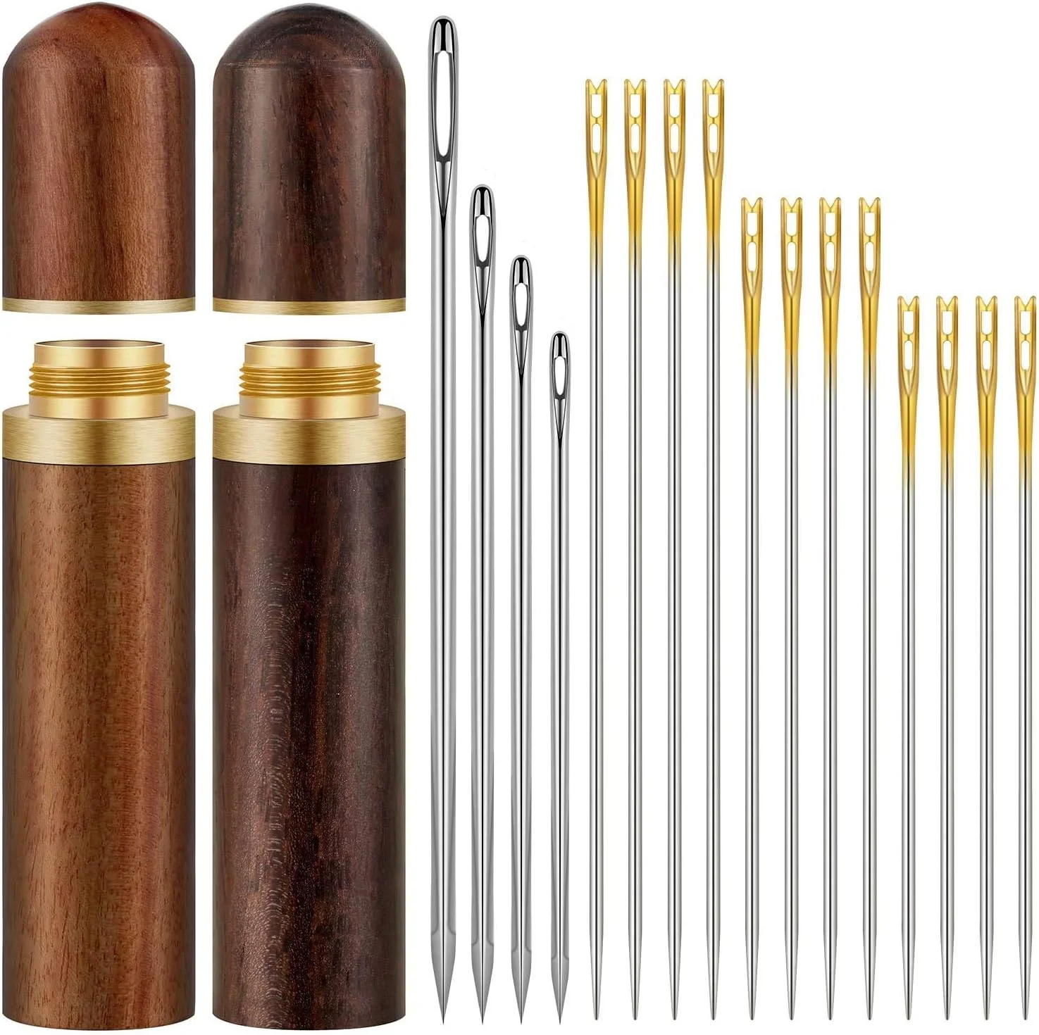 DELFINO Sewing Kits 2 Pieces Wooden Needle Case with 12 Pieces Self Threading Needles and 4 Pieces Large-Eye Leather Stitching Needles for Storing Handmade Sewing Embroidery Needle Accessories DELFINO Sewing Kits 2 Pieces Wooden Needle Case with 12 Pieces Self Threading Needles and 4 Pieces Large-Eye Leather Stitching Needles for Storing Handmade Sewing Embroidery Needle Accessories