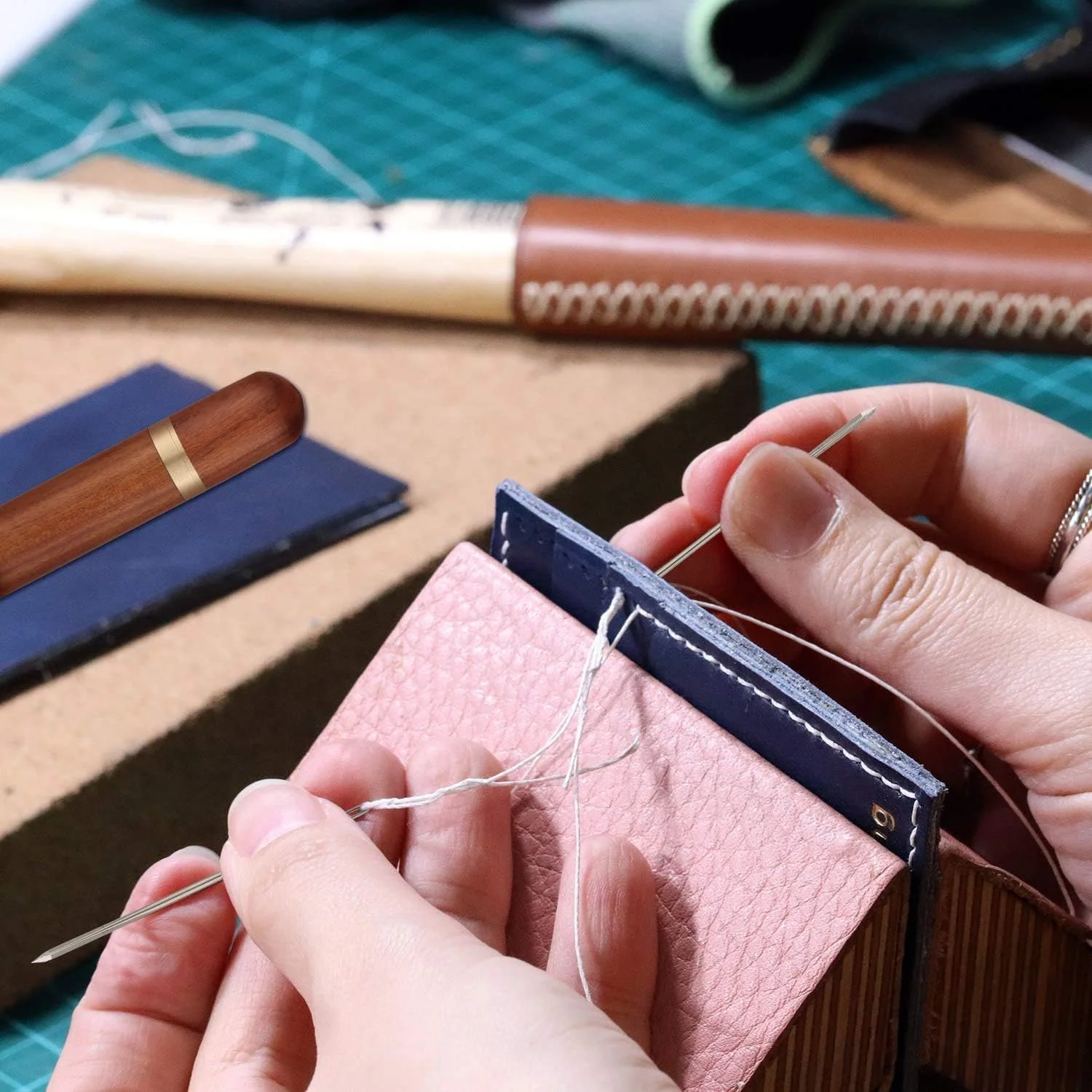 DELFINO Sewing Kits 2 Pieces Wooden Needle Case with 12 Pieces Self Threading Needles and 4 Pieces Large-Eye Leather Stitching Needles for Storing Handmade Sewing Embroidery Needle Accessories DELFINO Sewing Kits 2 Pieces Wooden Needle Case with 12 Pieces Self Threading Needles and 4 Pieces Large-Eye Leather Stitching Needles for Storing Handmade Sewing Embroidery Needle Accessories