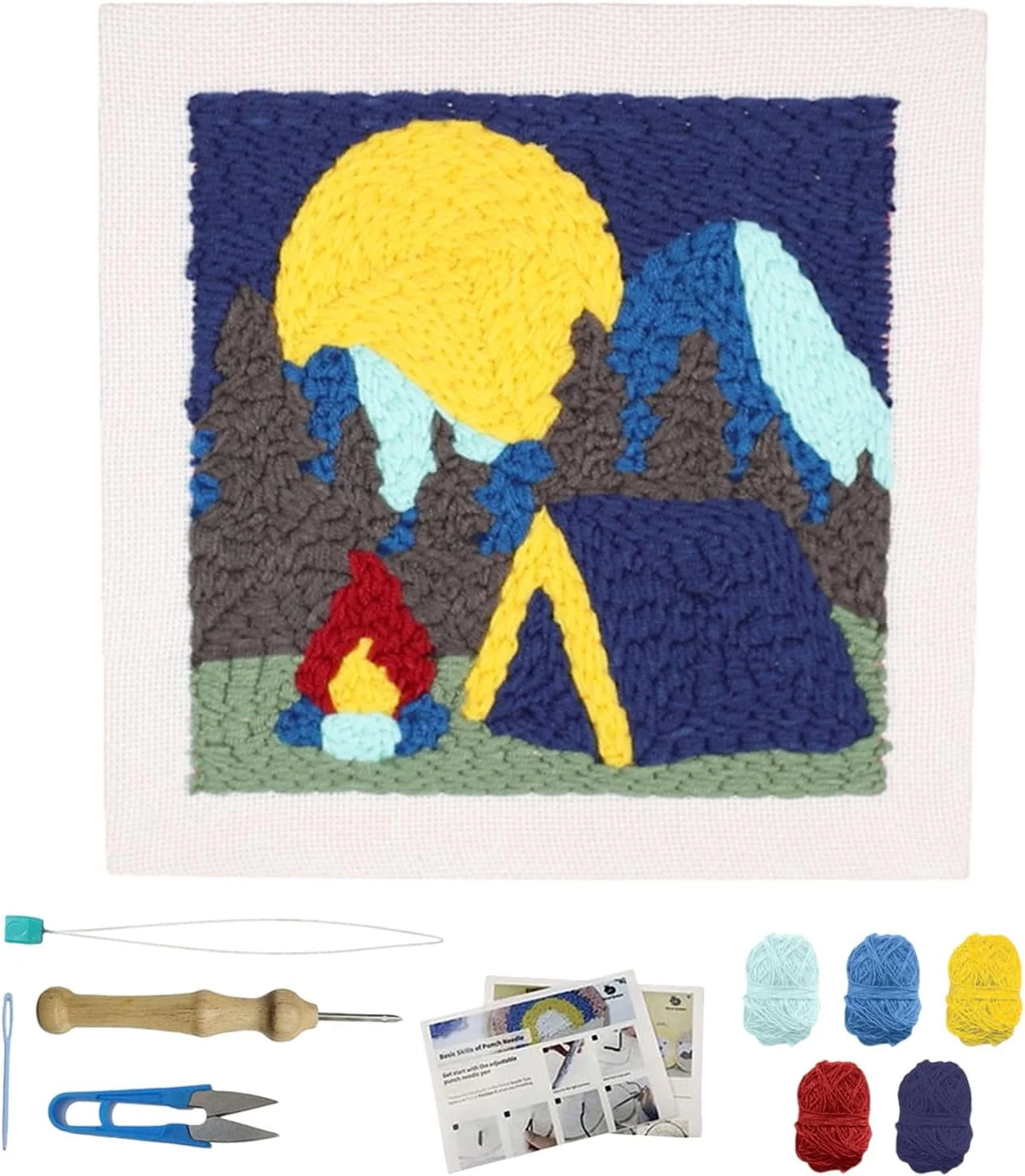 کیت پانچ نیدل DIY فری بلاز، کیت گلدوزی پانچ نیدل طرح کمپینگ، تابلوی دیواری، مناسب برای مبتدیان، گلدوزی پوکه، دکور اتاق طرح قاصدک، دارای قاب